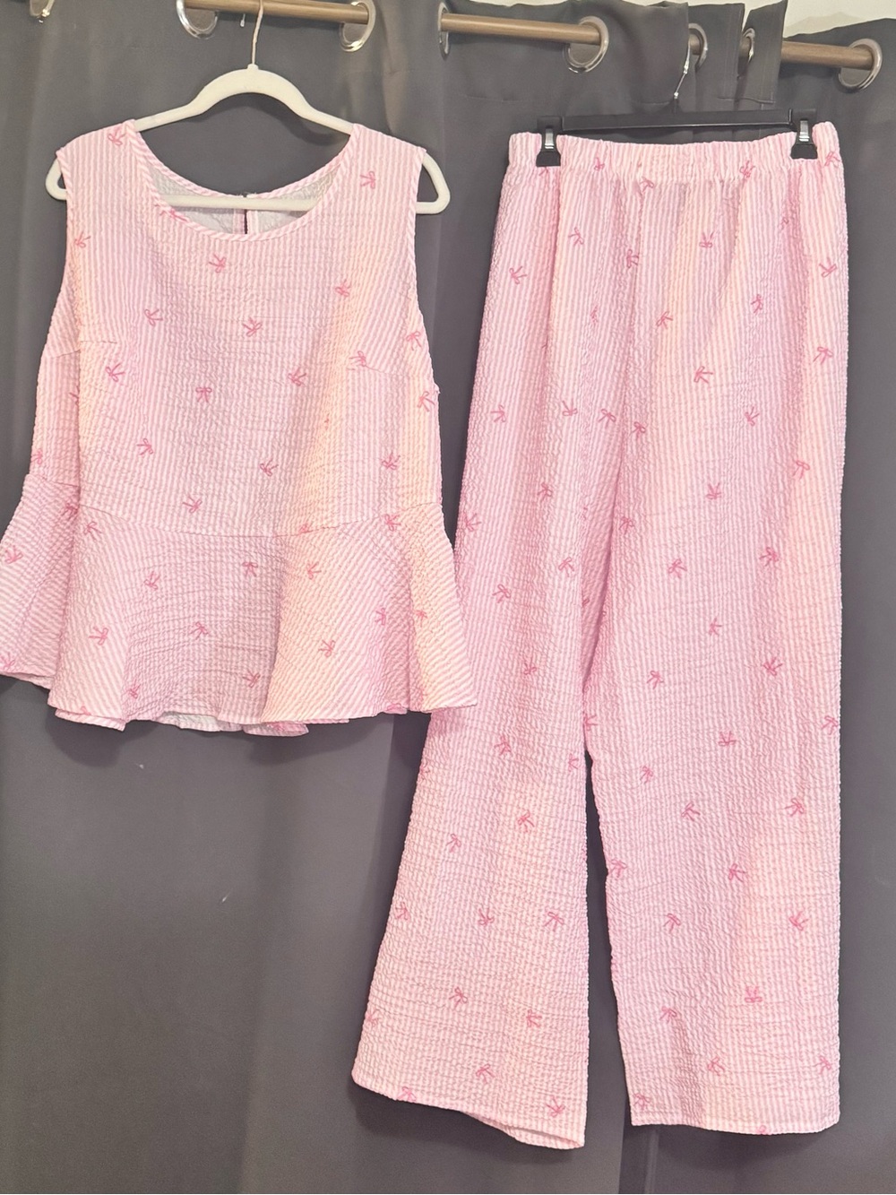 Plus Size 3XL Embroidered Bows Pink Seersucker Tank & Pants Set